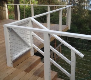 Timber and Stainless steel wire Handrail with Slatted Self closing gate
